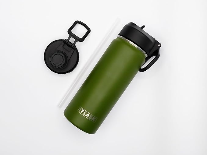 Sport Travel Outdoor Water Bottle with Spout and Straw Lids | Leak Proof | Insulated Stainless Steel Double Walled | BPA and Sweat free | Hot & Cold | For Kids Men & Women (Green, 18 oz)