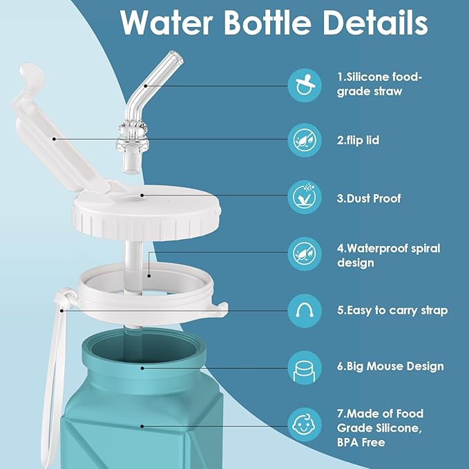 Collapsible Water Bottles 20.7oz Leakproof with Straw Lid Food-Grade BPA-Free Silicone Travel Foldable Water Bottles for Sports Office Gym Hiking Driving 610ML (Type2 Green)