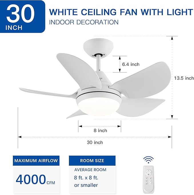 NicBex Ceiling Fan 30 Inch Indoor Modern Ceiling Fans with Integrated LED Light and Remote Control Down Rod Mount Ceiling Fan with 5 Blades for Living Room, Bedroom, White