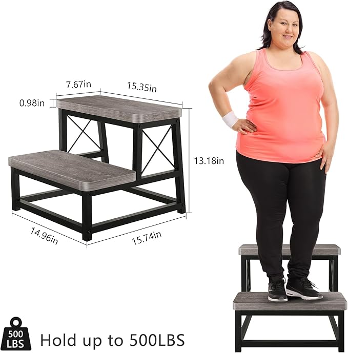 Wooden Step Stool for Adults, 2 Tier Heavy Duty Step Stool for High Bed, Small Step Stool for Bedroom, Living Room, Bathroom and Kitchen, Hold Up to 500 LBS
