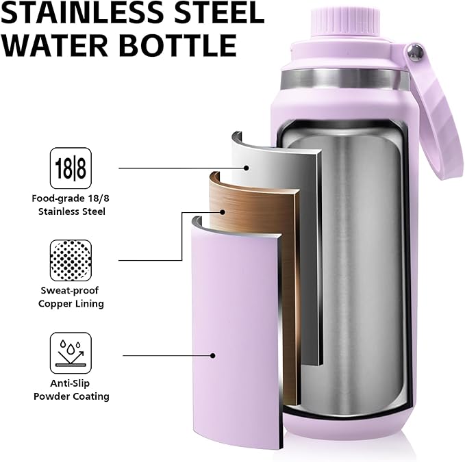 Greylock 20 oz Water Bottle Insulated, BPA-Free Reusable Water Bottles Stainless Steel, Leak Proof Kids Travel Water Bottle with Straw Lid, Double-Wall Vacuum Insulation, 24 Hours Cold (Lilac Purple)