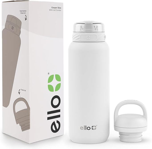 Ello Cooper 32oz Stainless Steel Water Bottle with 2 Lids Chug and Straw | Leak Proof | Double Walled and Vacuum Insulated | Built in Carry Loop | Dishwasher Safe | White