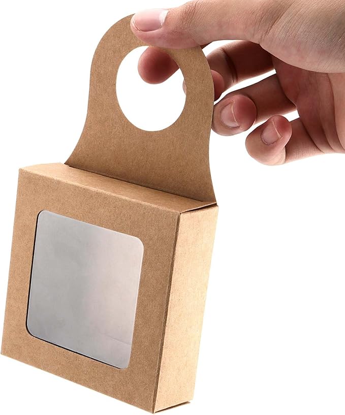 JAPCHET 50 PCS Paper Wine Bottle Box, Kraft Wine Bottle Box with Hanging Hole and Clear Window Wine Kraft Box for gift giving, wedding and Christmas party