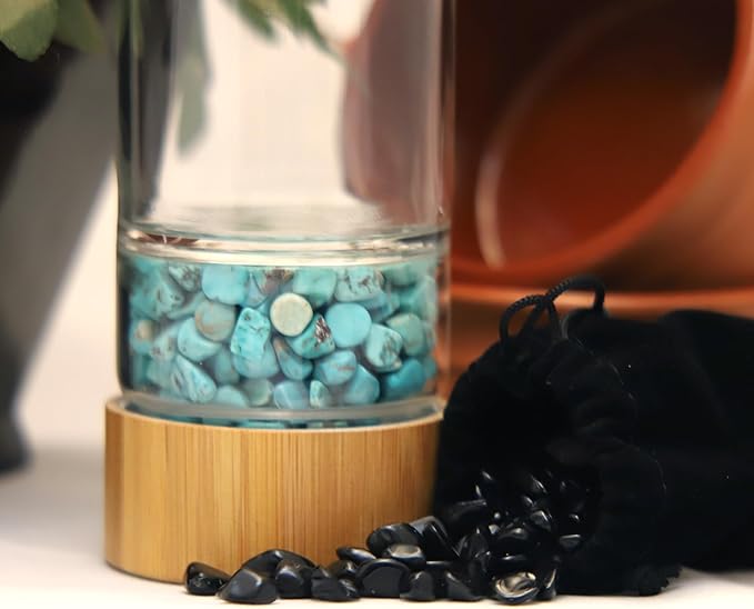 Crystal Water Bottle with a Loose-Leaf Tea or Fruit Infuser, Safe for Hot and Cold Drinks, Eco-friendly & Plus BONUS Protective Sleeve & Extra Set of Crystals (Obsidian & Turquoise)