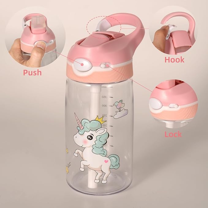 VTIVE Unicorn Water Bottle for Girls, 55PCS Unicorn Birthday Gifts for Girls Age 3 4 5 6 7 8, Kids Water Bottle 16 OZ BPA-Free with Straw & Safety Lock, Unicorn Themed Gifts for Christmas