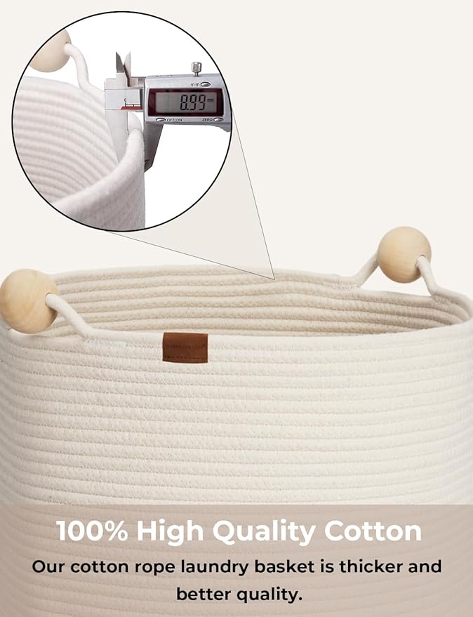 StorageWorks 72L Cotton Rope Laundry Basket with Wooden Beads Handles, Woven Basket for Storage, Dirty Clothes, Kids Toys, Towels, White & Khaki