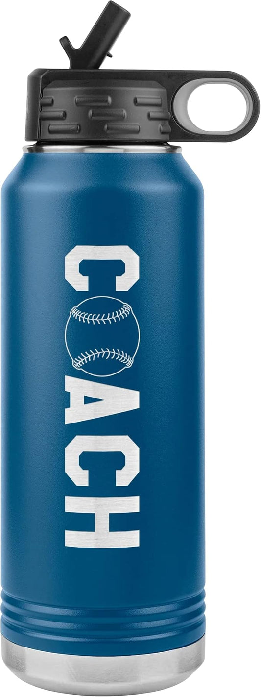 Baseball Coach Water Bottle - 32oz Insulated Engraved Stainless Steel Flip Top with Straw Baseball Coach Gift Blue
