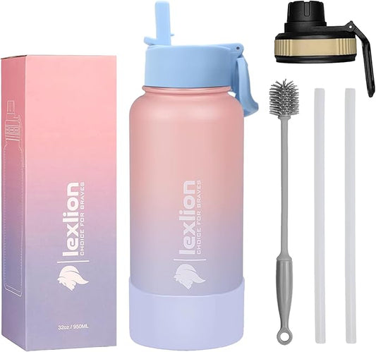 Water Bottle 32oz, Triple Walled Insulated Stainless Steel Reusable Bottle, Silicone Sleeve, Cleaning Brush, 2 Lids (Spout lid & Straw lid w/2 straw), Metal Mug Gallon, BPA Free, Pinky
