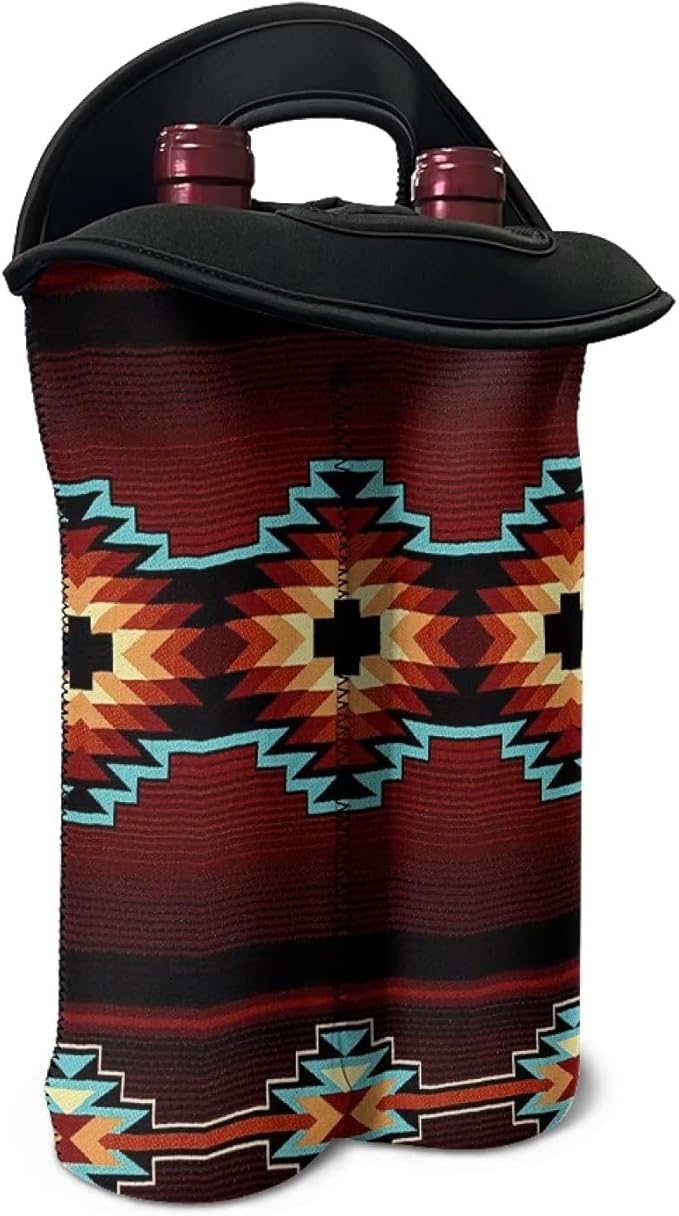 doginthehole Southwest Tribe Wine Tote Carrier Bag 2 Bottle Wine Carrying Bag Aztec Pattern Neoprene Champagne Bottle Protective Insulated Sleeve for Wedding, Birthday, and Dinner Party