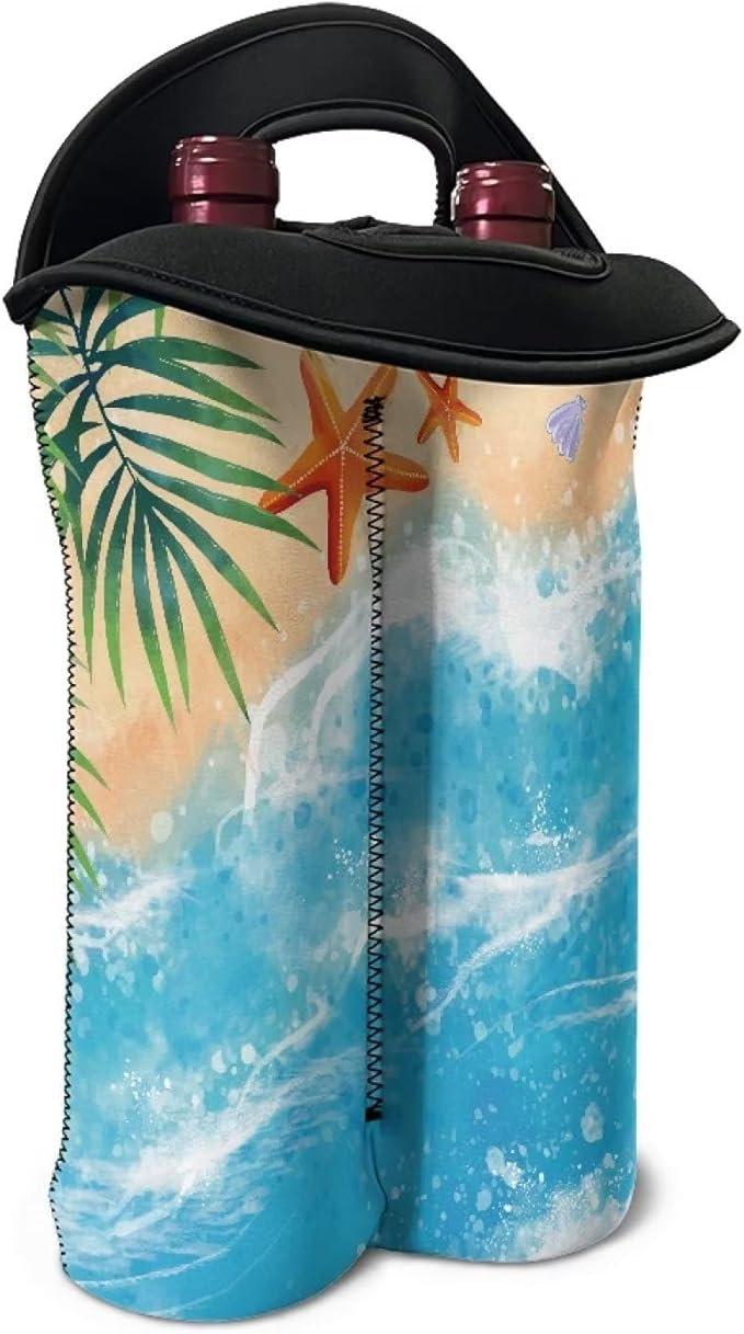 doginthehole 2 Bottle Wine Carrier Beach Theme Travel Insulated Wine Carrying Case Cooler Tote Bag Wine Bottle Holder Neoprene Champagne Bottle Protective Bag Wine Accessories Gift for Women Men