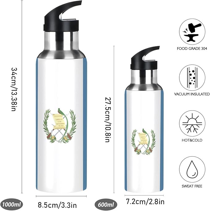 Guatemala Flag Sports Water Bottle, Double Wall Vacuum Insulated Stainless Steel Water Bottle with Straw Keeps Hot and Cold, Bike Running Sports Travel Gym 20oz