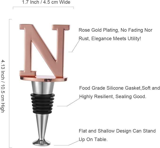 Miicol Wine Stopper, Prosecco Stopper, Wine Bottle Stopper, Personalised Champagne Stopper, Rose Gold Wine Accessories, Wine Lovers Gift, Monogram Gift, Letter N