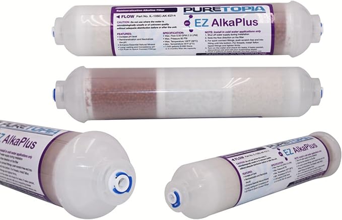 PureT IL-10SC-AK-EZ14, Remineralization Alkaline Water Filter - 2" X 10" Alka Plus Water Filter for RO Systems - Raises PH and adds Vital Minerals, Easy 1/4" EZ Connect System