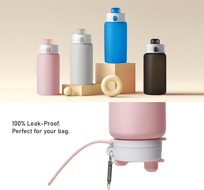Opard Collapsible Water Bottles 19 Oz - BPA Free, Leak Proof, Foldable Silicone Collapse Bottle, Easy to Compact and Expandable, Travel Essentials Accessories
