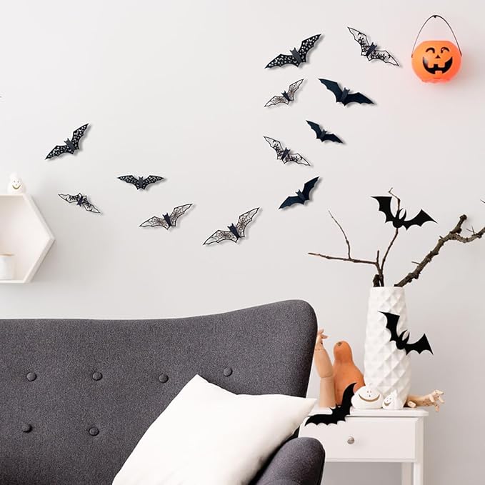 Halloween Wall Decor Bat Wall Stickers 24Pcs Halloween Bats Wall Decals Reusable Cute Bat Halloween Party Decoration Supplies Wall Sticker for Window Home Room Wall DIY Decor Charms