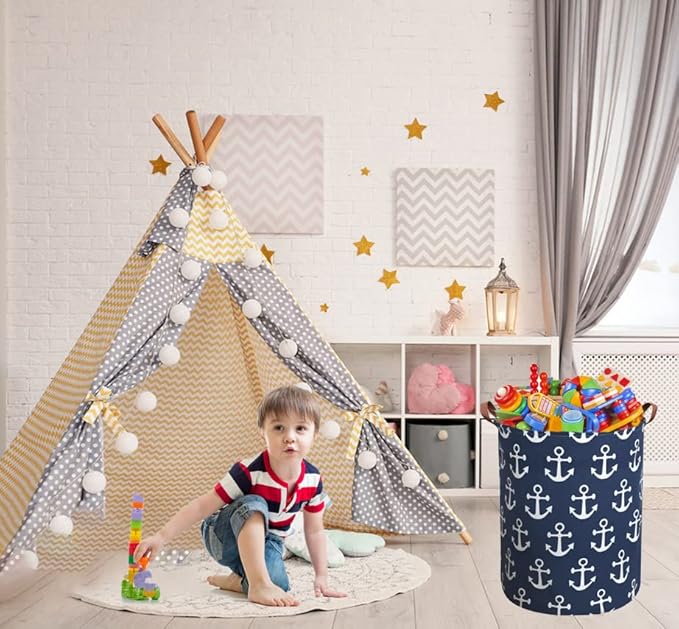 Kids Hamper,Collapsible Laundry Baskets,Waterproof Storage Baskets with Leather Handle,Nautical Decor,Toy Organizer (Navy Blue Anchor)