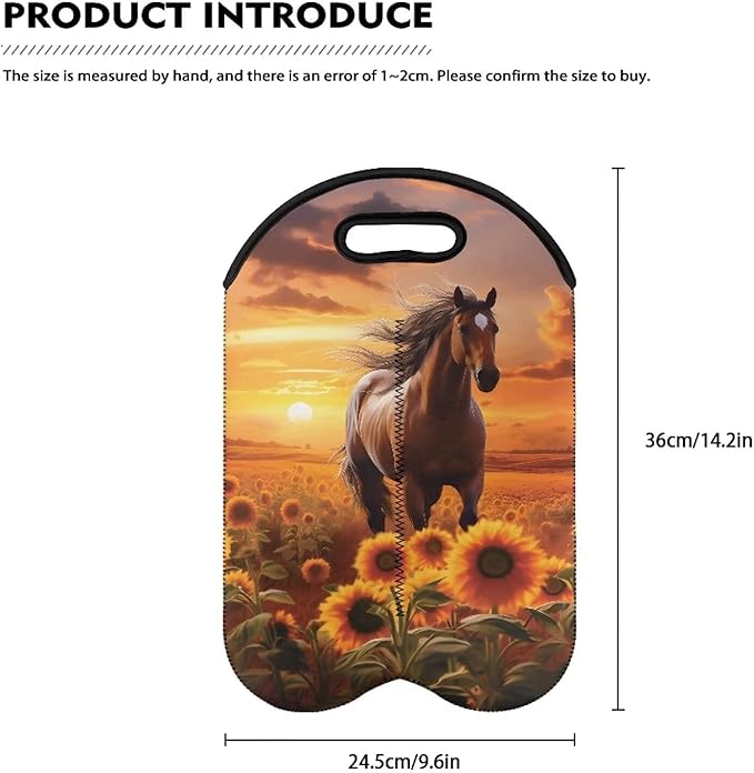doginthehole Horse Sunset Insulated Wine Tote Neoprene Wine Carrier Bag Sunflower Print Champagne Carrying Bag 2 Bottle Wine Gift Bag for Women Men Portable Wine Travel Bag