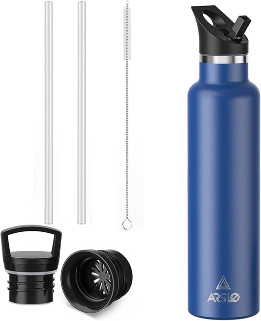 Stainless Steel Water Bottle with Straw - Insulated Water Bottle for Sports, Gym, School, Commute, Adults/Kids - Keep Cold for up to 24 Hours - Sweat/Leak-proof - 2 Lids - BPA Free