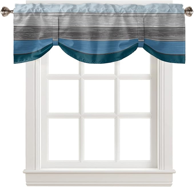 Farmhouse Blackout Tie Up Valance Curtains for Kitchen Windows,Blue Gray Ocean Hues Window Toppers Balloon Shades for Living Room/Bathroom/Bedroom,1 Panel,42" X 12" Retro Rustic Barn Wood Texture