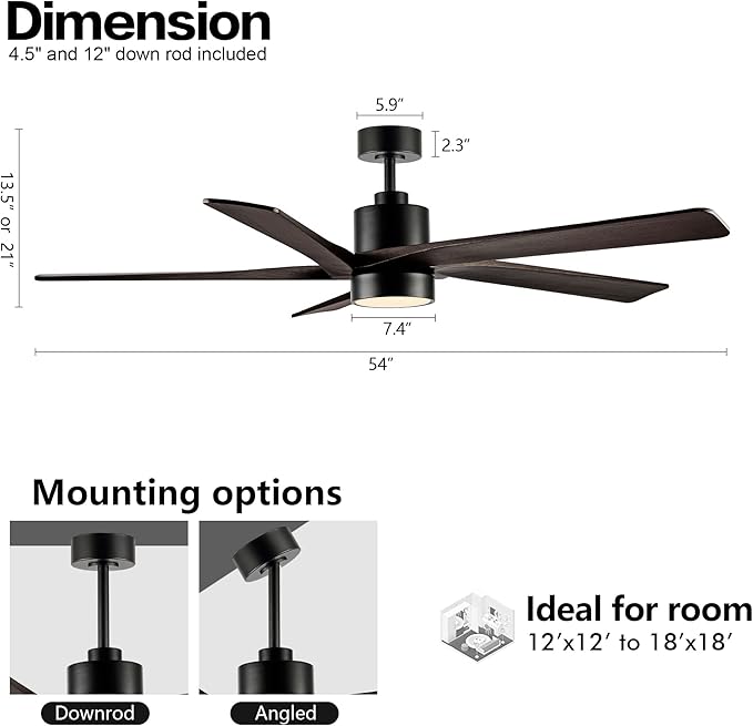 WINGBO 54 Inch DC Ceiling Fan with Lights and Remote Control, 5 Reversible Carved Wood Blades, 6-Speed Noiseless DC Motor, Modern Ceiling Fan in Matte Black Finish with Walnut Blades, ETL Listed