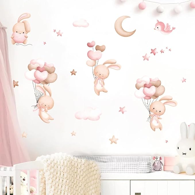 Bunny Air Balloon Animals Wall Decals The Moon and Stars Nursery Wall Stickers Baby Girls Room Wall Decor