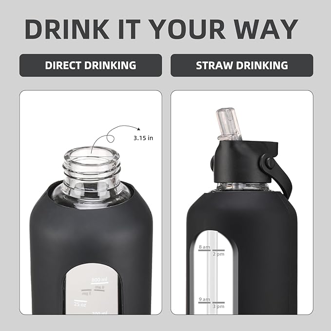 32 oz Glass Water Bottles with Straw Borosilicate Glass Water Bottle with Time Marker Motivational Water Bottles with Silicone Sleeve Leak Proof Reusable BPA Free