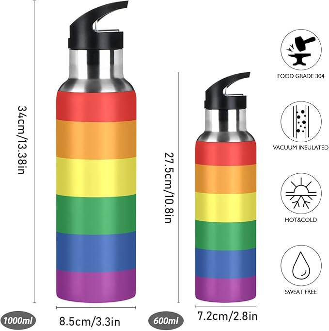 20oz Gay LGBT Rainbow Pride Flag Sports Water Bottle,Double Wall Vacuum Insulated Stainless Steel Lesbian Water Bottle with Straw Keeps Hot＆ Cold, Bike Running Travel Pride Day Month Gifts