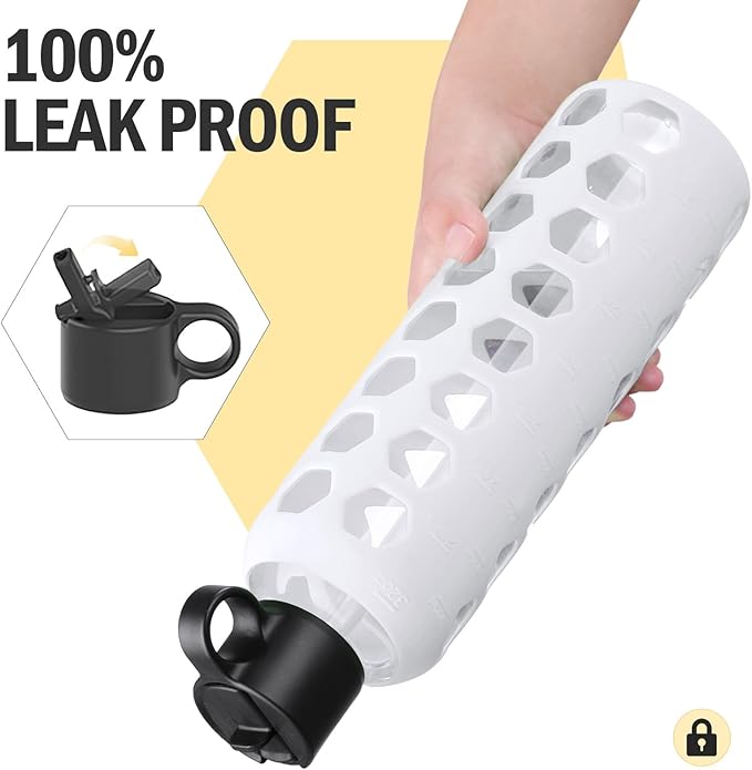 MUKOKO Glass Water Bottles, 32oz Glass Tumbler, Drinking Bottles with 2 Lids-Handle Flip Straw Lid&Bamboo Lid, Motivational Water Bottle with Time Marker and Silicone Sleeve, Leakproof-1 Pack-White