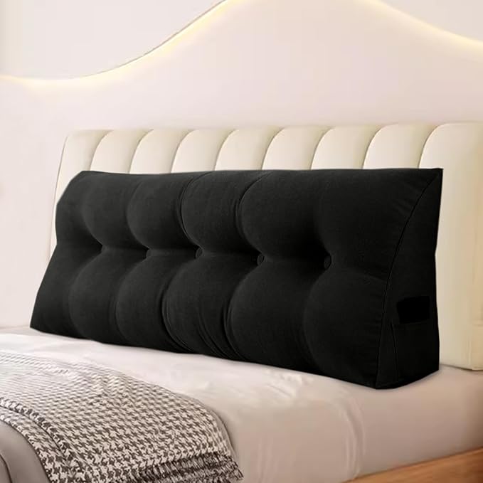 Large Triangular Headboard Pillows Long Backrest Positioning Support Bolster Cushion for Daybed Fluffy Quality Plush Body Wedge Pillow with Removable Cover(Black-King-76x8x20in)