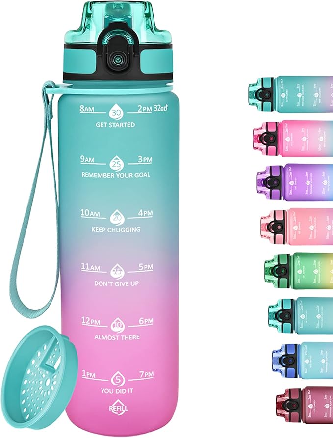 GOSWAG 32oz Motivational Water Bottles with Time Marker and Fruit Strainer, Sports Water Bottle with Times to Drink, Leakproof, Reusable Plastic Bottle with Strap no Straw for Gym, School