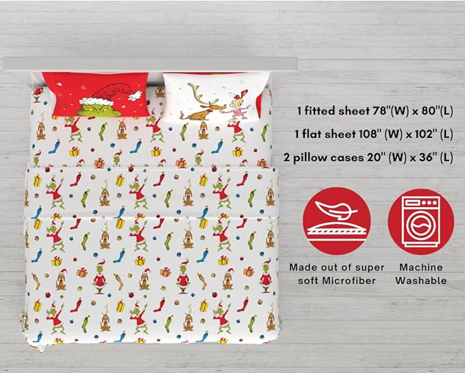 Franco Collectibles Dr. Seuss The Grinch Holiday & Christmas Bedding Super Soft Microfiber 4 Piece King Sheet Set, (Officially Licensed Product)