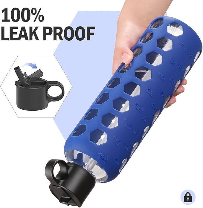 MUKOKO Glass Water Bottles, 32oz Glass Tumbler, Drinking Bottles with 2 Lids-Handle Flip Straw Lid&Bamboo Lid, Motivational Water Bottle with Time Marker and Silicone Sleeve, Leakproof-1 Pack-Blue