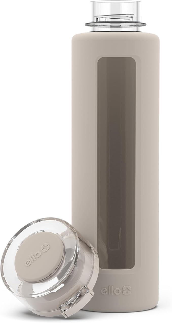 Ello Syndicate Glass Water Bottle with One-Touch Flip Lid and Protective Silicone Sleeve and Carry Loop, BPA Free, Dishwasher Safe,20oz