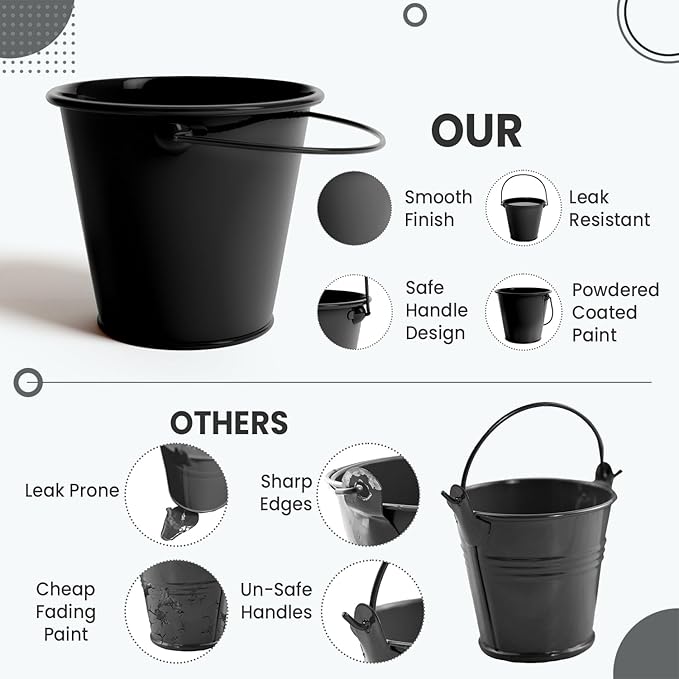 Small Metal Buckets with Handle 6 Pcs – Galvanized Bucket Leak Proof & Rust Resistant 48 fl oz Capacity - Best for Party Décor, Halloween & Decorating Classrooms (Black, Large 6.3" Top)