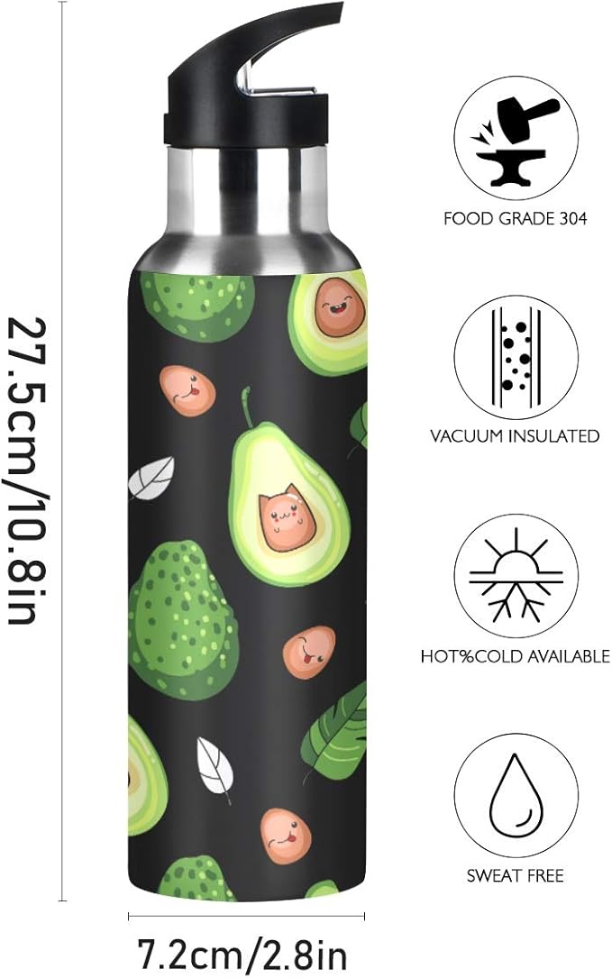 Kawaii Avocado Fruit Water Bottle with Straw Lid for Fitness Gym Camping Outdoor Sports, Wide Mouth Vacuum Insulated 18/8 Stainless Steel, 22 oz