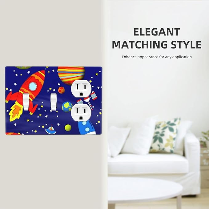 Space Astronaut Combo 2 Toggle 1 Duplex Outlet Light Switch Wall Plate Cover Decorative 3-Gang for Electrical Boys Kids Room Bathroom Bedroom Home Kitchen One Receptacle 4.5" x 6.38"
