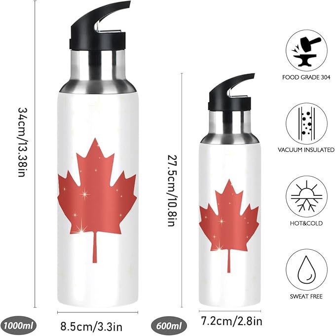 Canadian Flag Sports Water Bottle, Double Wall Vacuum Insulated Stainless Steel Water Bottle with Straw Keeps Hot and Cold, Bike Running Sports Travel Gym 20oz