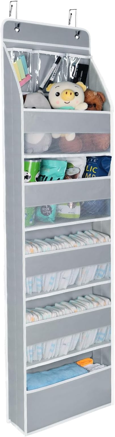 Univivi Over Door Hanging Organizer Storage with 5 Large Pockets and 3 Small PVC Pockets for Cosmetics Wall Hanging Storage Organizer for Pantry Baby Nursery Bathroom Closet Dorm(Grey)