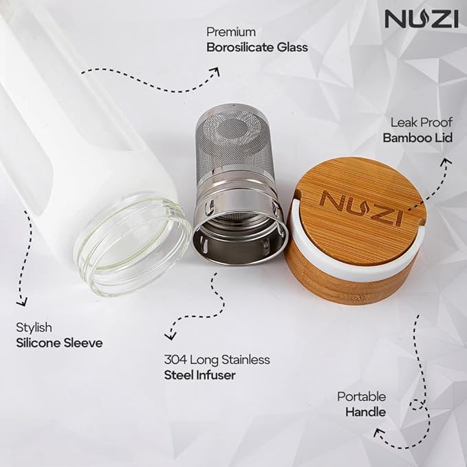 NUZI Glass Water Bottles with Stainless Steel Fruit Infuser | Insulated Water Bottle | Reusable Glass Water Bottles with Silicone Sleeve & Bamboo Lid | BPA Free and Leakproof | White | 1 Pc