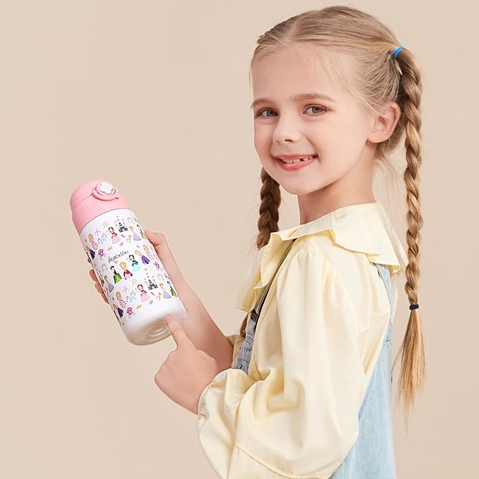 Kids Insulated Water Bottle with Covered Pop-Up Straw,16oz Kids Cups with Stainless Steel Leak Proof for School Boys Girls（4-Princess）