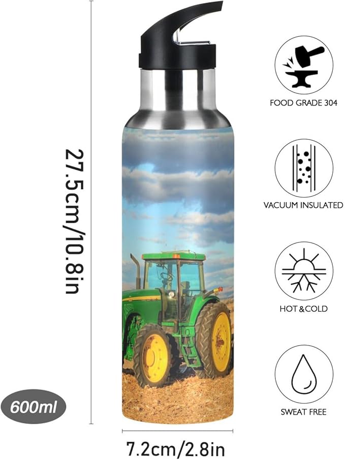 Tractor Stainless Steel Water Bottle with Straw Lid - 20 Oz Sports Insulated Water Bottle Thermos for Sport Gym Outdoor Travel School
