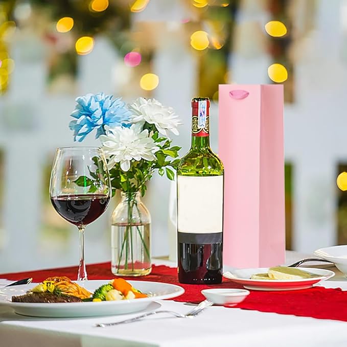 KEYYOOMY Wine Gift Bags - 10 Pack Pink Kraft Paper Wine Bottle Gift Bags with Handles for Wedding Birthday Housewarming Christmas Party Supplies(10CT, 13.8x4.3x3.5 IN, Pink)