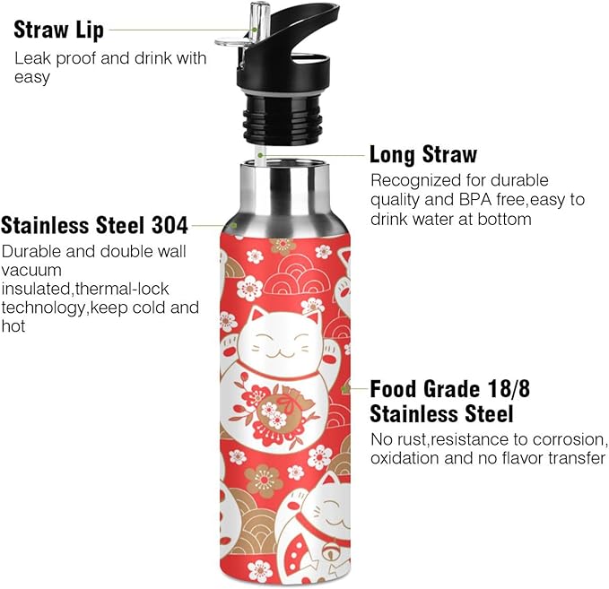 ALAZA Lucky Cat Maneki Neko Red Water Bottle With Straw Lids Boys Girls,Vacuum Insulated Leakproof Stainless-Steel Sports Bottle Thermal Flask For Gym Yoga Camping,20Oz (600Ml)