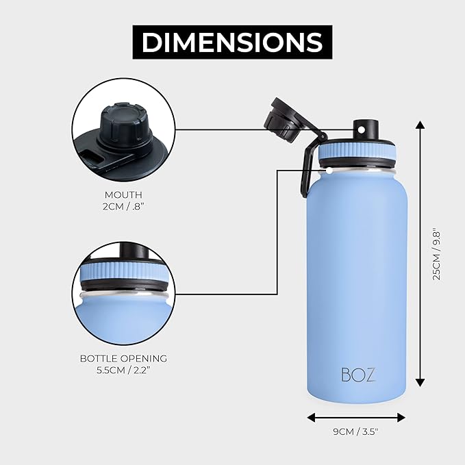 BOZ Stainless Steel Water Bottle - Vaccum Insulated Water Bottle 32 Oz - Wide Mouth BPA Free Sport Water Bottle for Gym with Spout Lid - Thermal Hot & Cold 1 Litre Light Blue Waterbottle