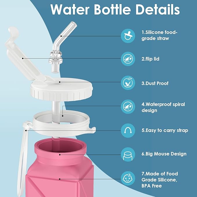 Collapsible Water Bottles,BPA-Free Leak-Proof Silicone Foldable Water Bottle Cup 20.6oz,Durable Lightweight Bottle for Gym Travel Camping Hiking Running (Type2 Pink)