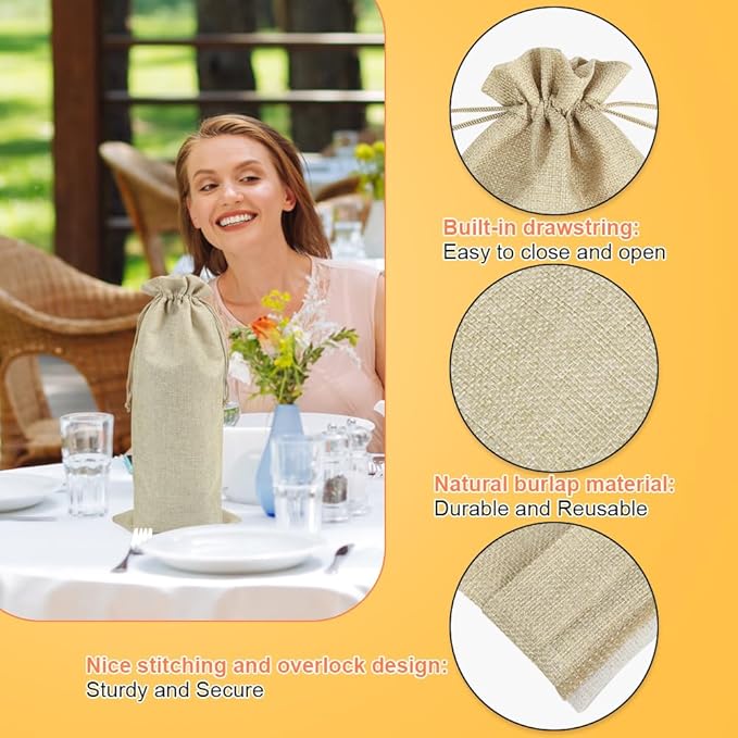 Shintop 10pcs Jute Wine Bags 1.5L, 16 x 6.7 inches Hessian Wine Bottle Gift Bags with Drawstring (Brown)