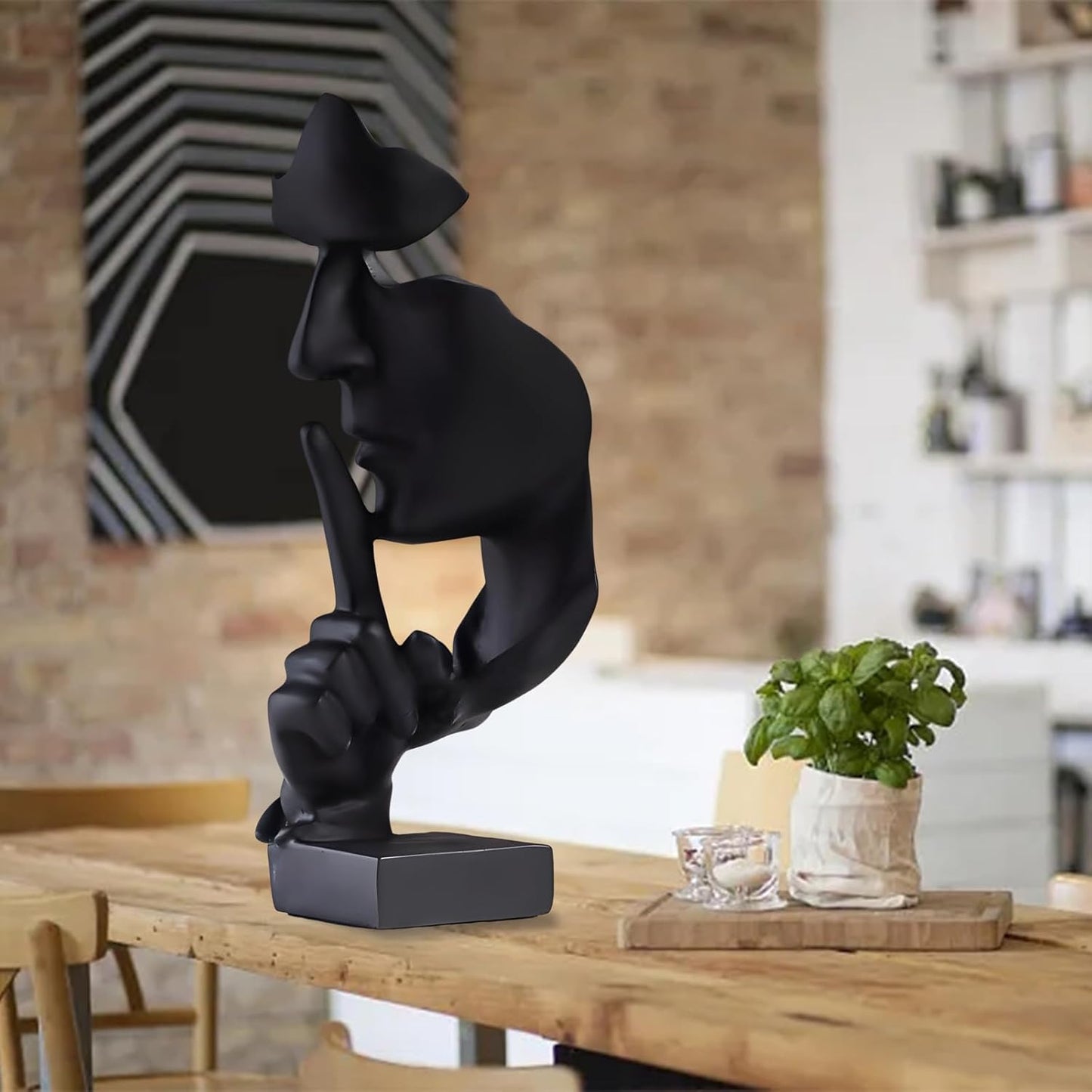 aboxoo Thinker Statue, Silence is Gold Abstract Art Figurine, Modern Home Resin Sculptures Decorative Objects Piano Desktop Decor for Creative Room Home, Office Study Decor (Large Black)