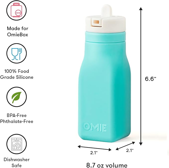 OmieBox Reusable Silicone Water Bottle - 8.7 oz, Straw Top, BPA-Free & Phthalate-Free, Leak-Proof (Teal)