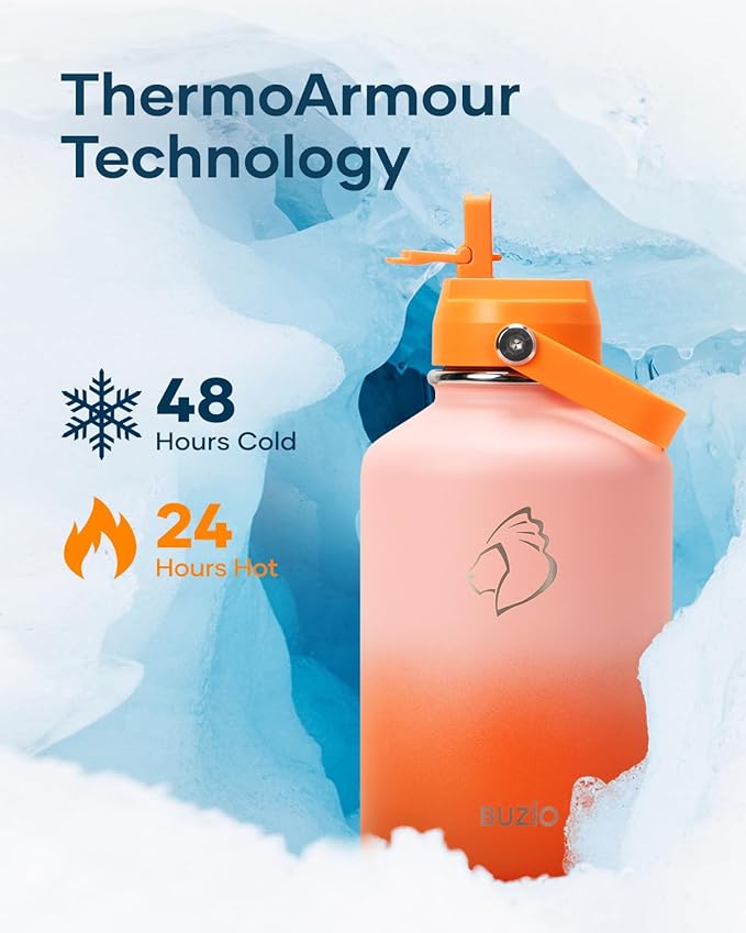 Half Gallon Water Bottle, BUZIO 64 oz Insulated Stainless Steel Water Bottles with Straw Lid Leak Proof water jug, Keep Cold 48H Lead-Free Double Wall Vacuum Metal Mug for Sport Camping Beach, Orange