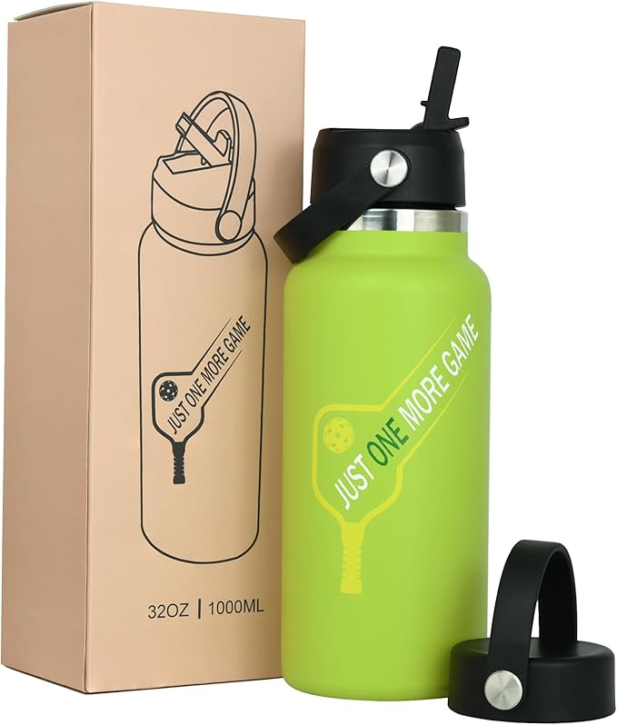 Pickleball Water Bottle 32 oz, Gifts for Pickleball Lovers, Wide Mouth Vacuum Insulated Sports Bottle with 2 Leakproof Lids, Stainless Steel Cup with Straw for Cold Drinks